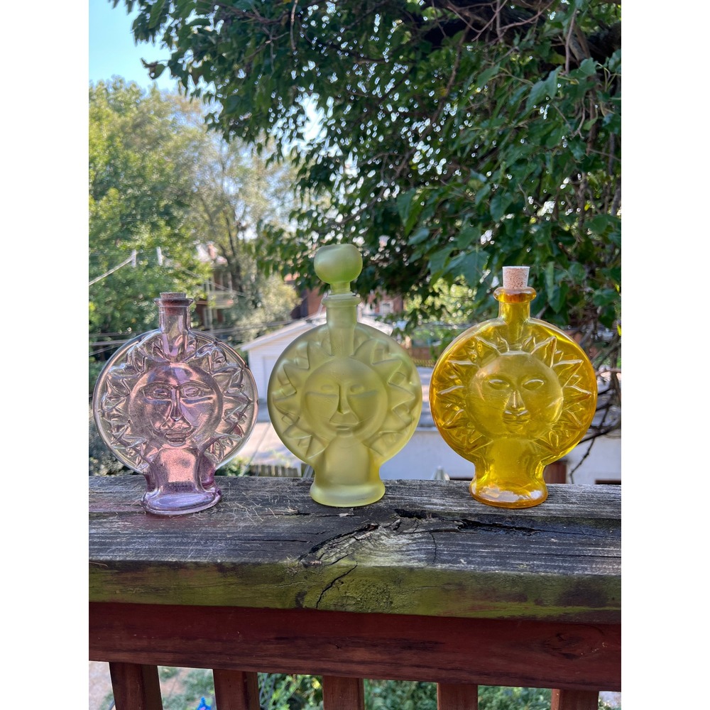 Vintage Sun Face Glass Bottle Set 3PC Amber Purple Frosted Green Y2K Celestial